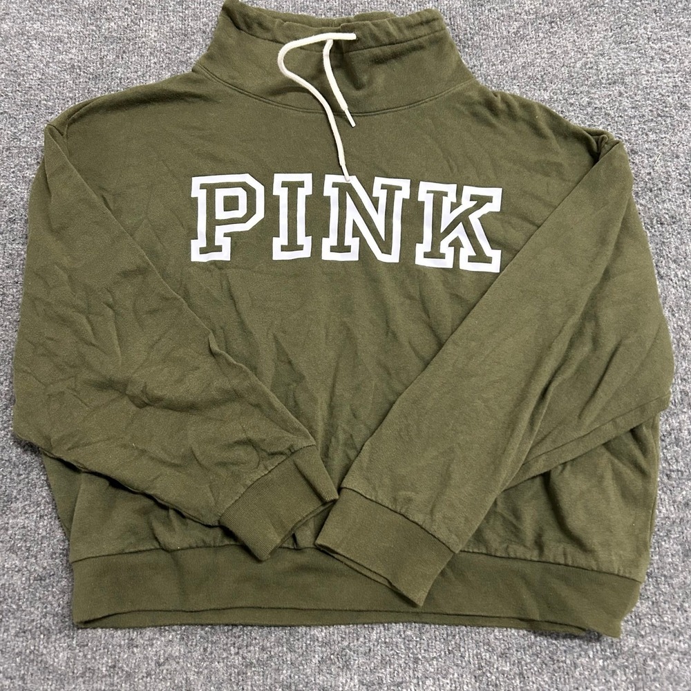 PINK Sweatshirt Womens Size Large Olive Green Funnel Neck Logo Cropped Pullover